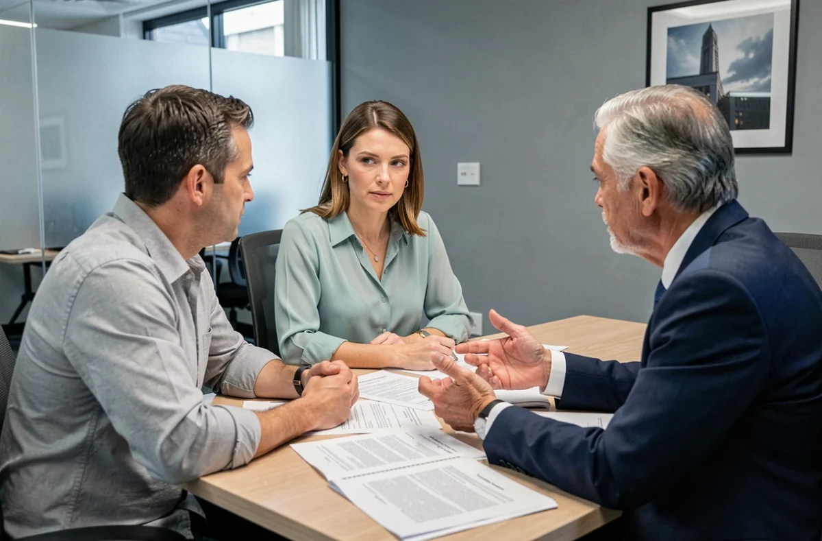 Couple en rendez-vous avec un conseiller bancaire pour choisir une assurance de prêt immobilier