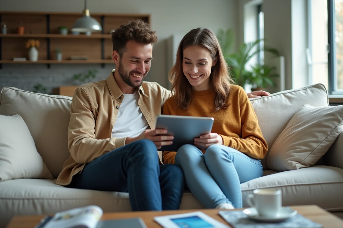 Couple gérant ensemble leurs comptes bancaires en ligne sur une tablette depuis leur salon moderne
