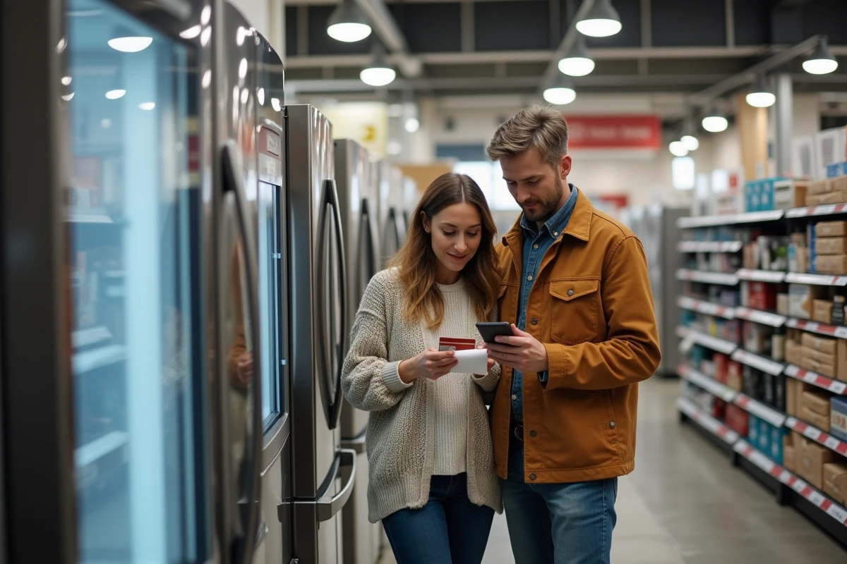 Couple vérifiant leur plafond de retrait bancaire avant d'effectuer un gros achat électroménager en magasin