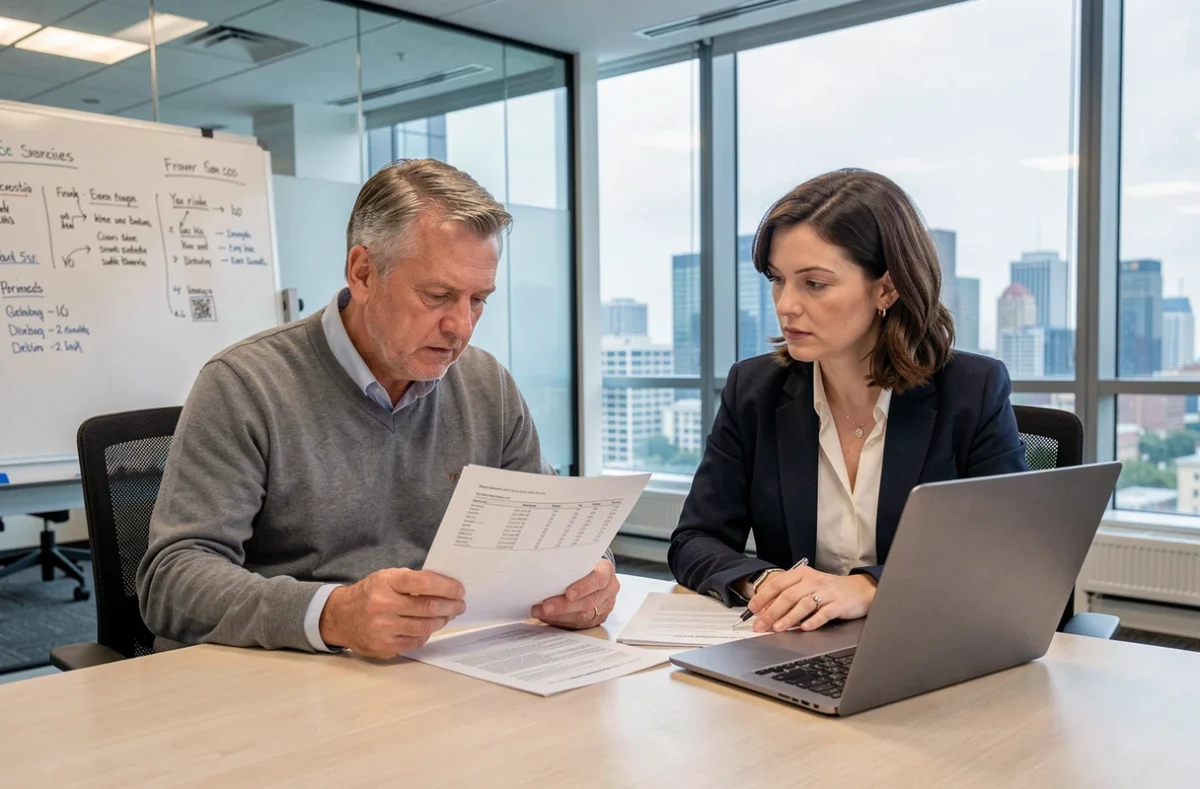 Couple discutant de stratégies pour sécuriser leurs investissements avec des relevés financiers dans un bureau professionnel