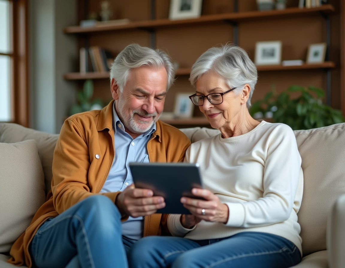 Couple de seniors consultant ensemble les conseils de sécurité bancaire en ligne sur une tablette dans leur salon