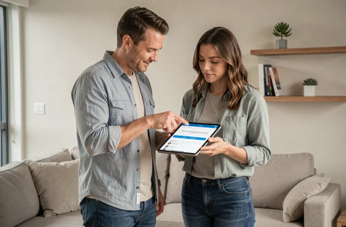 Couple consultant une application bancaire sur tablette pour résoudre un problème de virement instantané bloqué