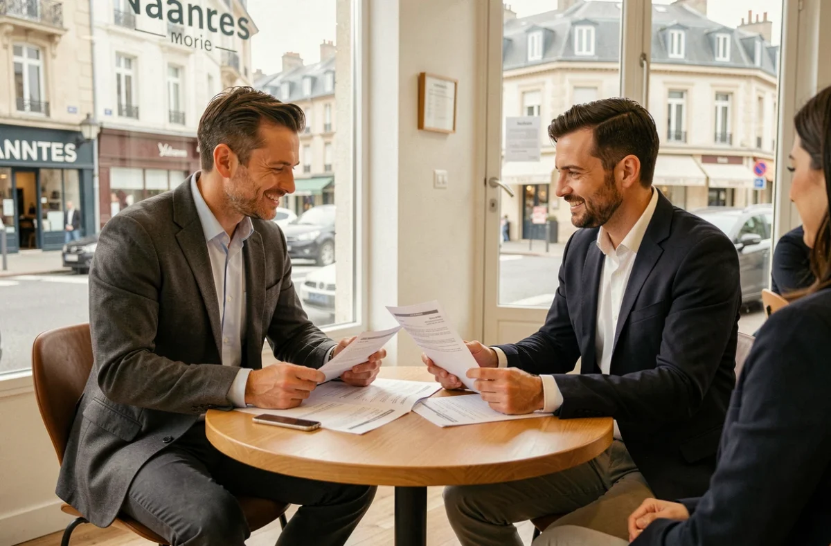 Les courtiers nantais de Crédit Courtier de France analysant des offres de prêt immobilier avec un client