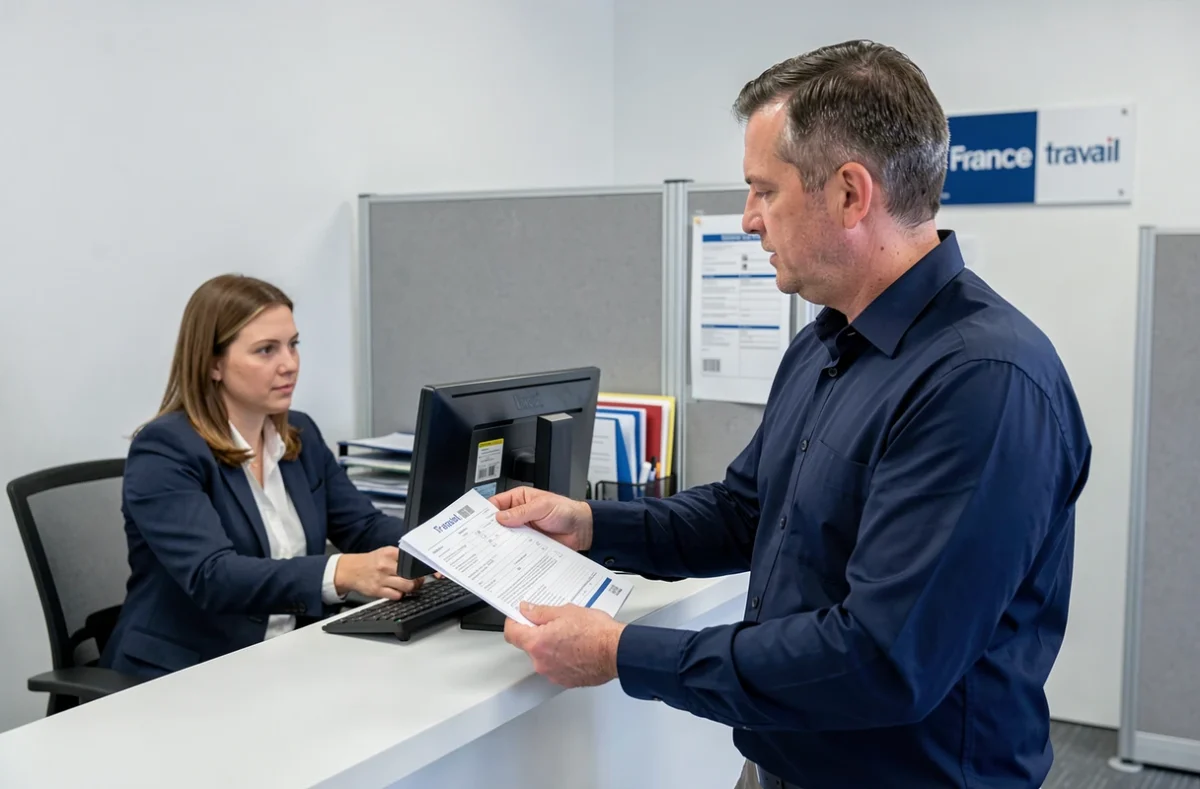Usager remettant un nouveau RIB à un conseiller France Travail dans une agence administrative