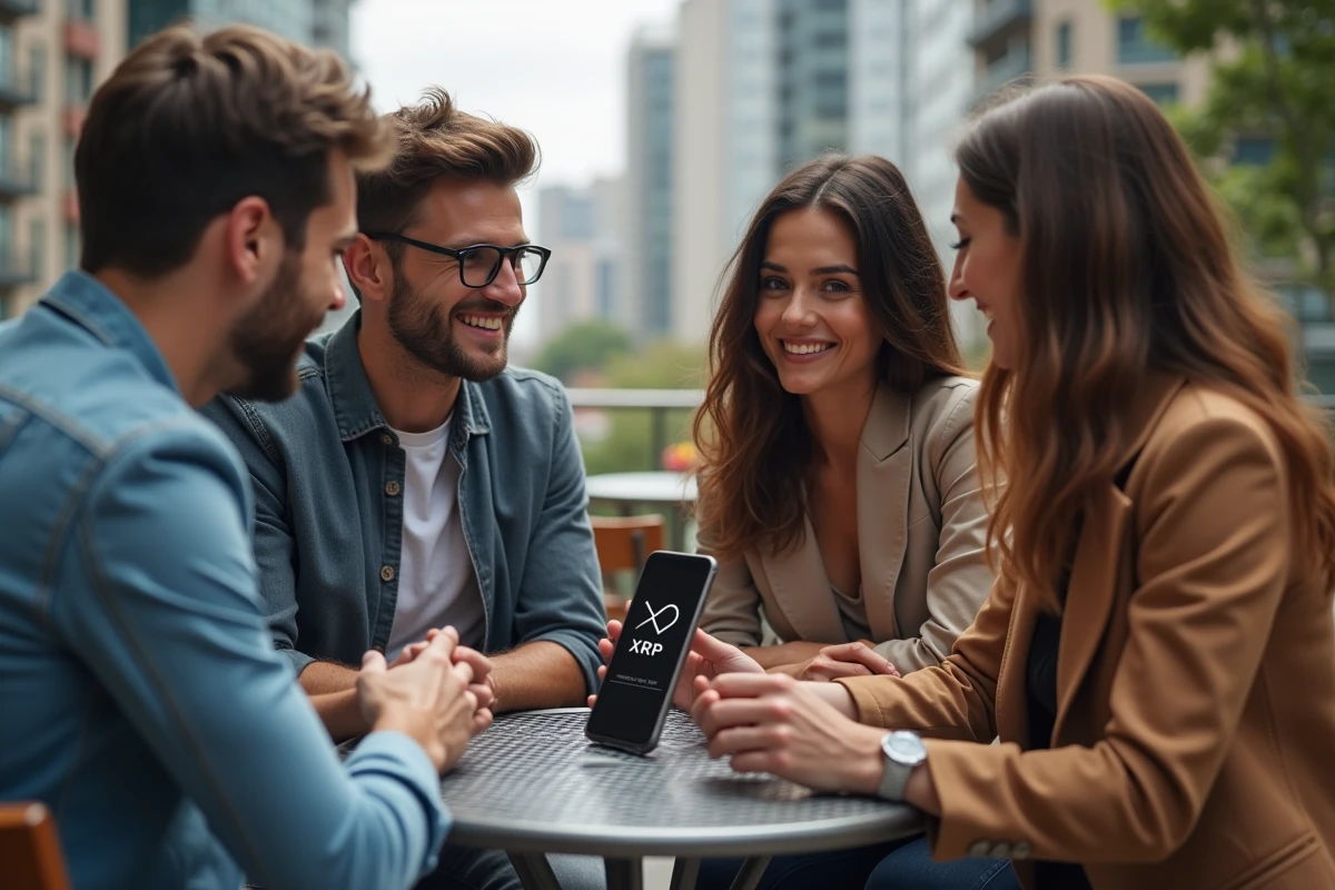 Groupe de jeunes discutant avec logo XRP sur smartphone