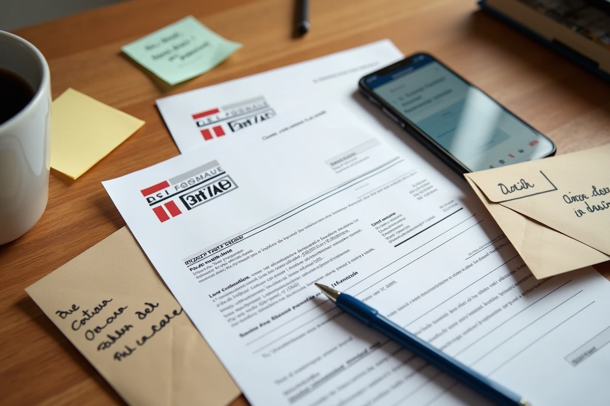 Documents de contrats La Banque Postale centralisés sur un bureau avec enveloppes et formulaires officiels