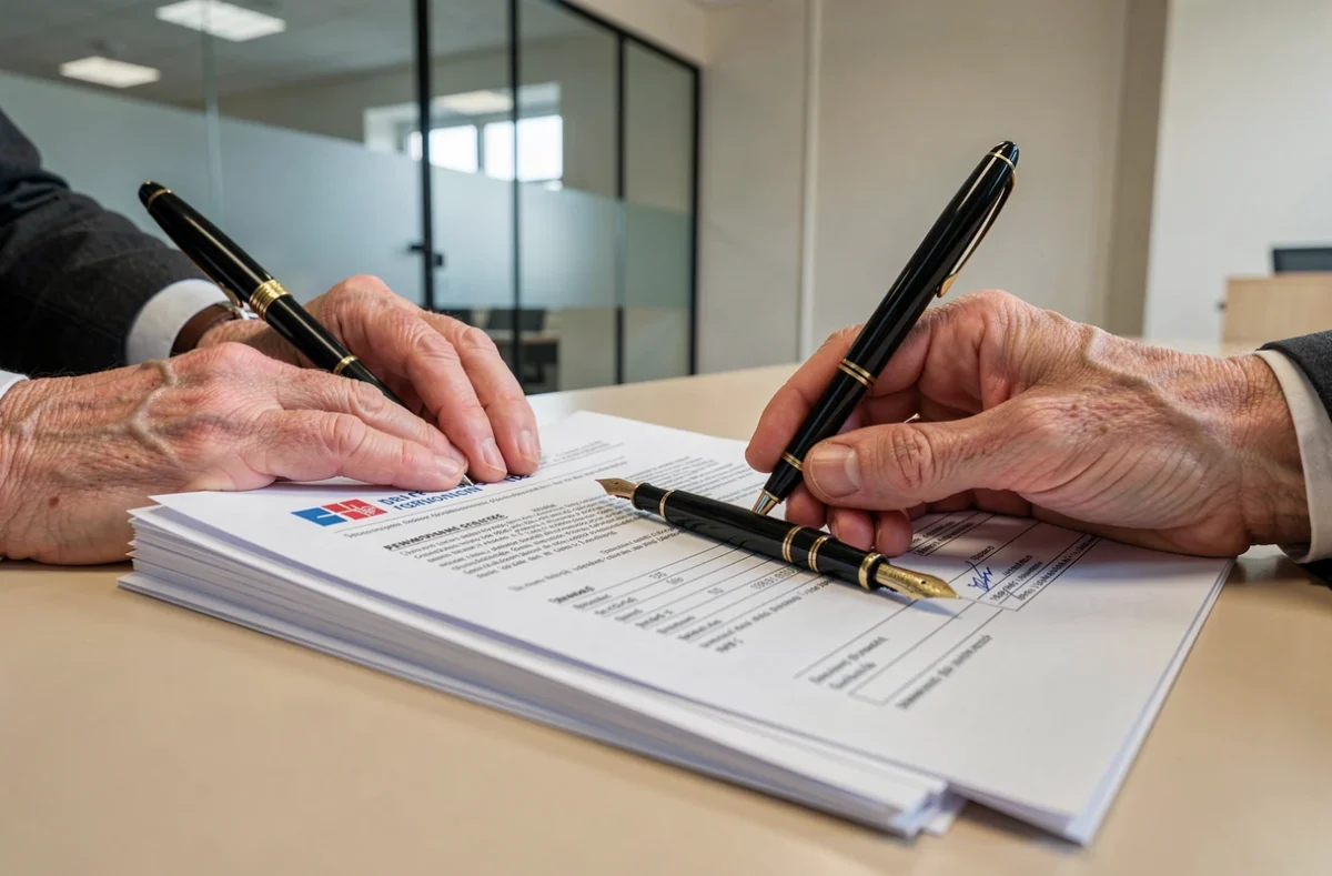 Documents administratifs de retraite et de patrimoine d'un élu posés sur un bureau officiel, symbolisant la fin de mandat et les droits à la retraite d'un homme politique français
