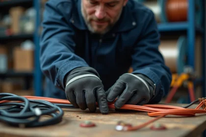 Électricien inspectant des câbles en cuivre dans un atelier