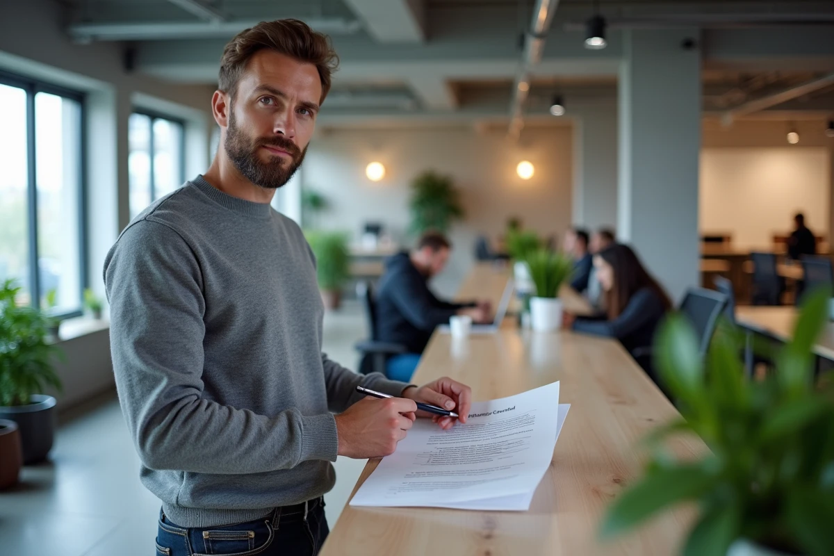 Homme en CDI examinant son contrat de travail dans un bureau moderne, en lien avec le calcul du salaire au SMIC pour 25 heures hebdomadaires