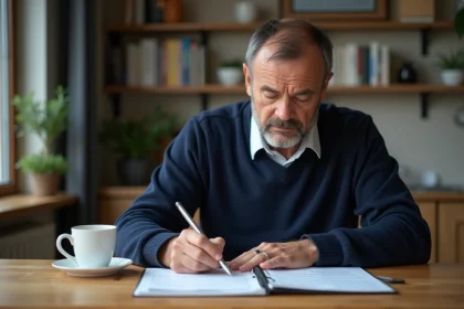 Professeur d'âge moyen examine un calendrier de salaire à la maison