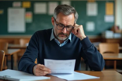 Professeur homme en classe examine sa fiche de paie
