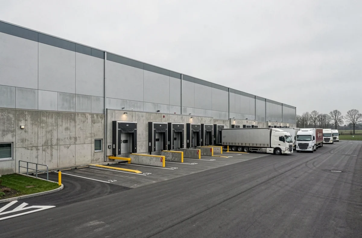 Entrepôt logistique moderne avec quais de chargement illustrant l'immobilier industriel en SCPI