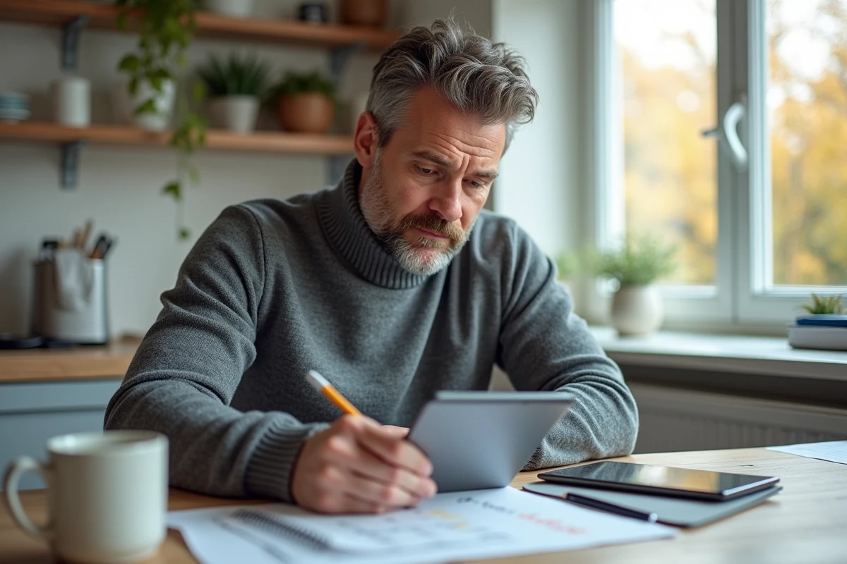 Entrepreneur masculin faisant des calculs liés à l'ARE et la création d'entreprise depuis son domicile