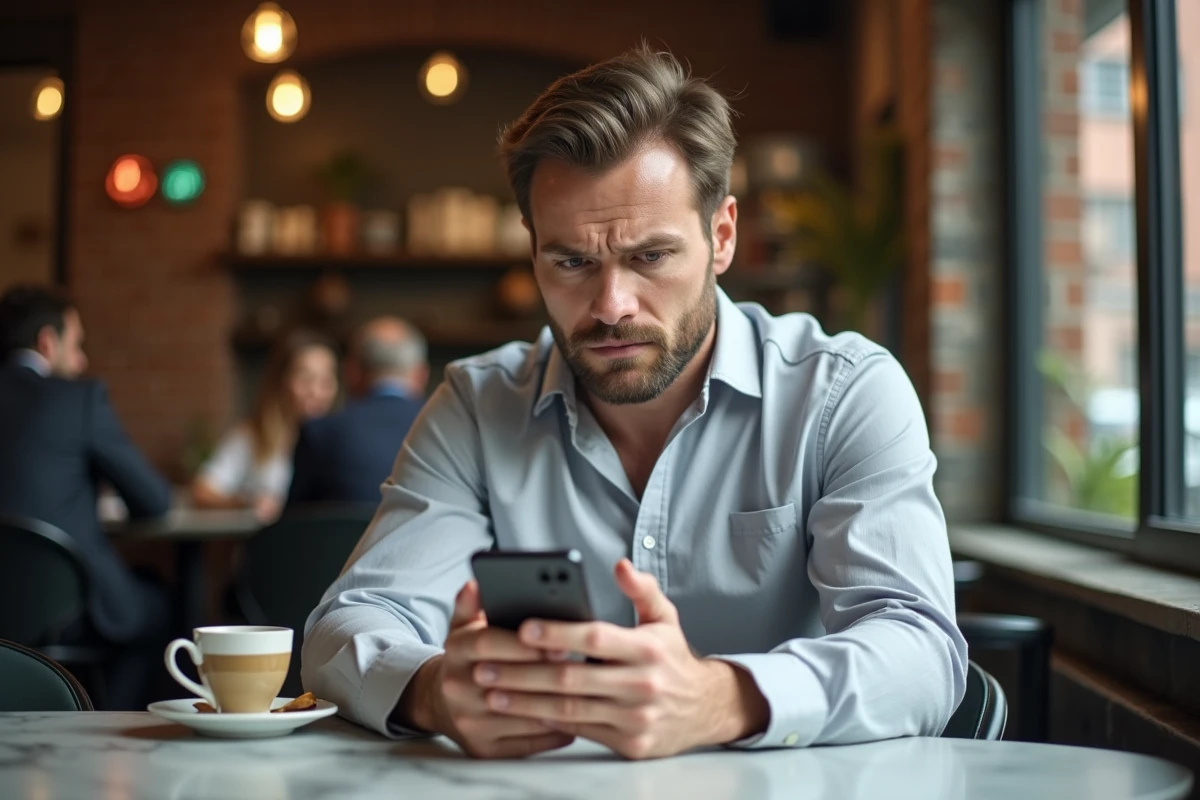 Entrepreneur masculin insatisfait consultant son application de compte bancaire professionnel dans un café