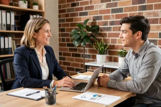 Responsable RH d'une PME conduisant un entretien d'embauche, illustrant l'attractivité employeur grâce à l'épargne salariale Crédit Mutuel