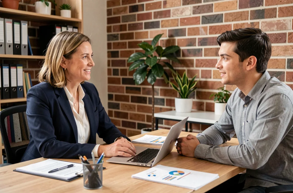 Responsable RH d'une PME conduisant un entretien d'embauche, illustrant l'attractivité employeur grâce à l'épargne salariale Crédit Mutuel