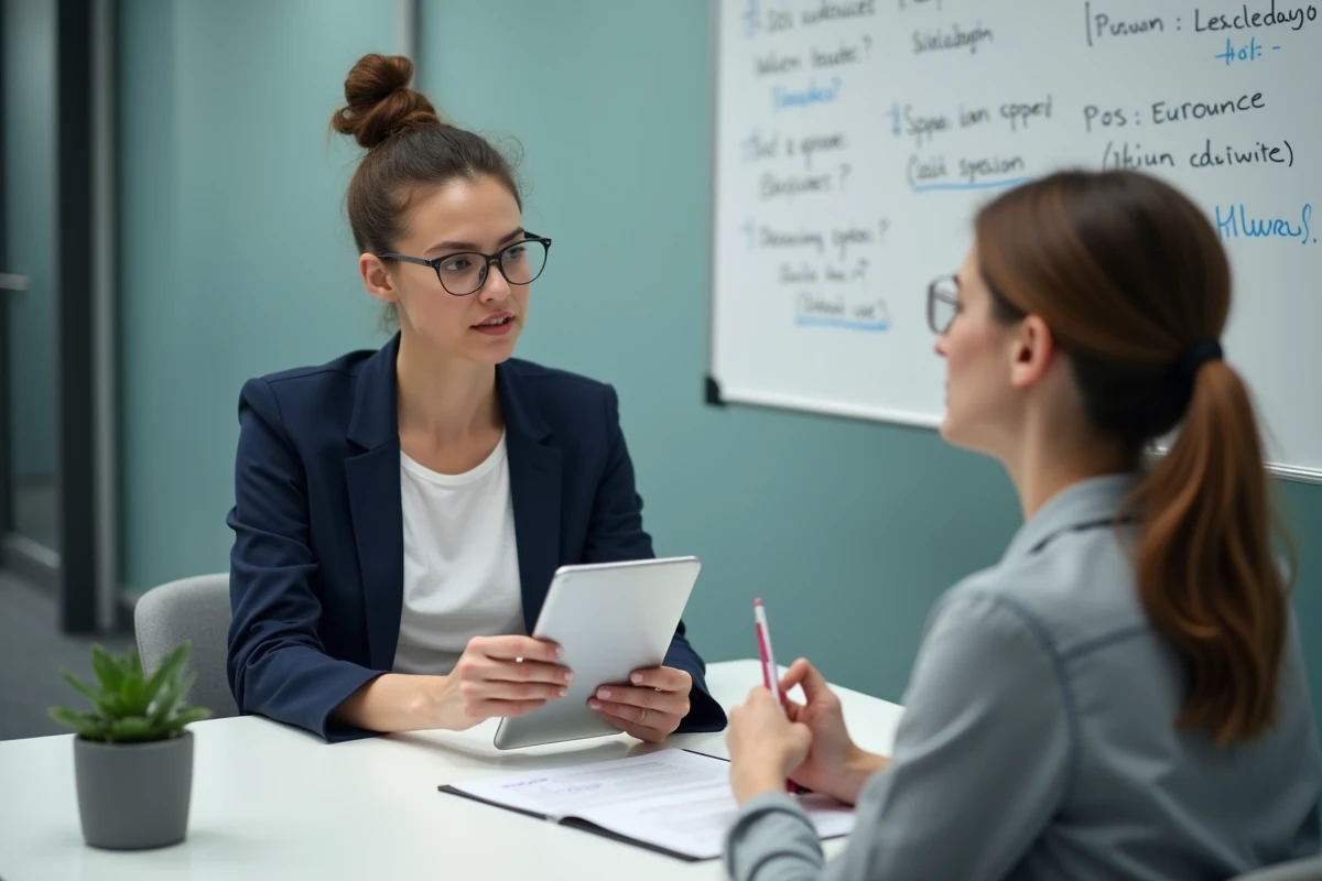 Entretien RH sur le salaire en CDD au SMIC pour un temps partiel de 25 heures, deux femmes consultant un document sur tablette dans une salle de réunion