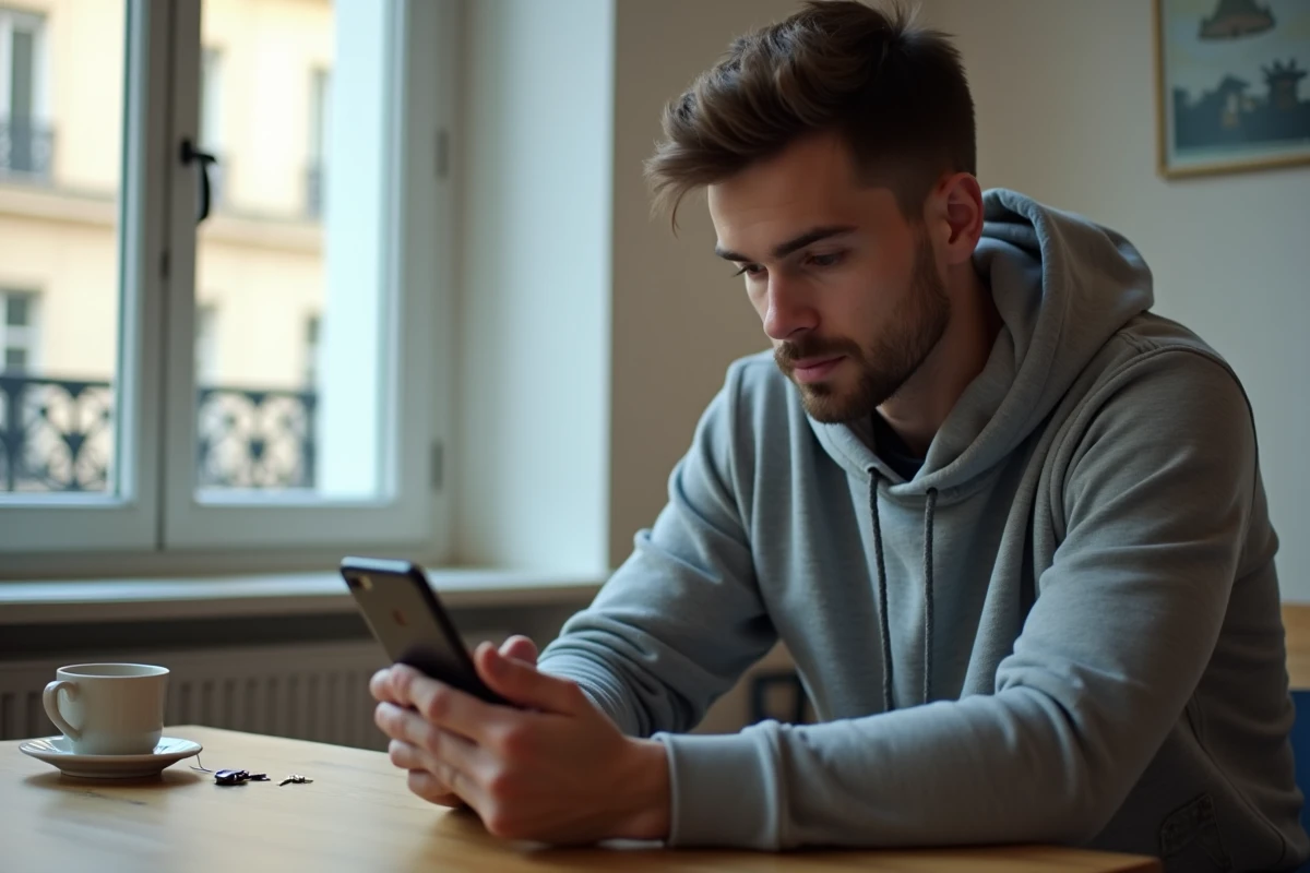 Jeune homme effectuant un virement Western Union en ligne depuis son appartement parisien