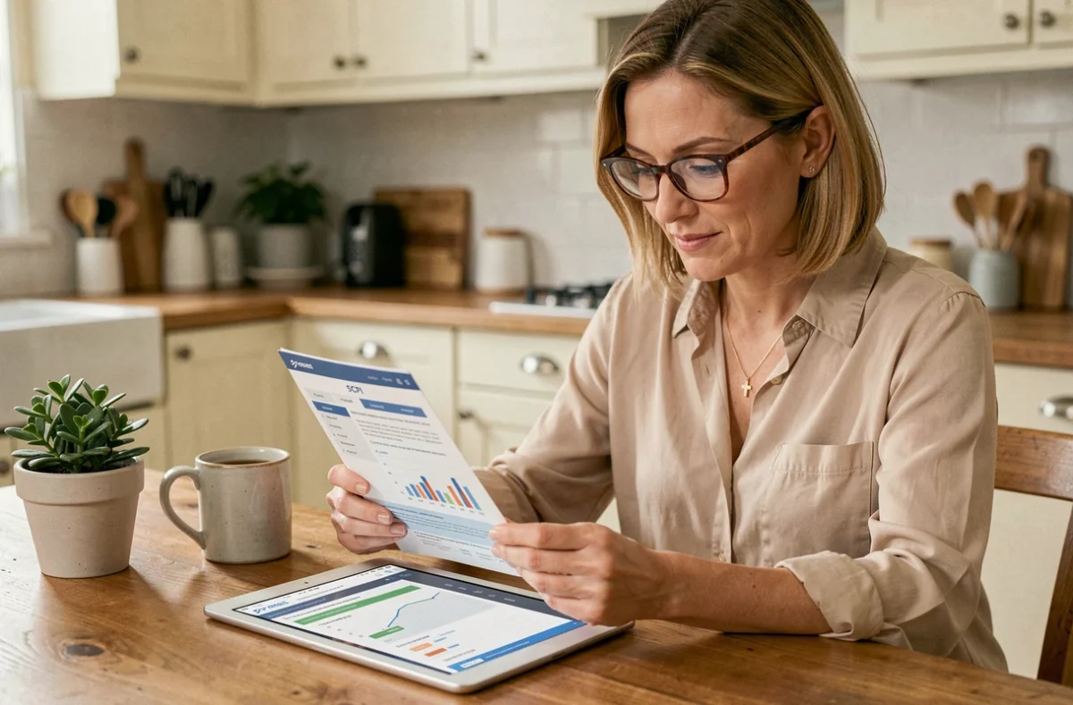 Femme épargnante étudiant un placement en SCPI logistique sur tablette depuis son domicile