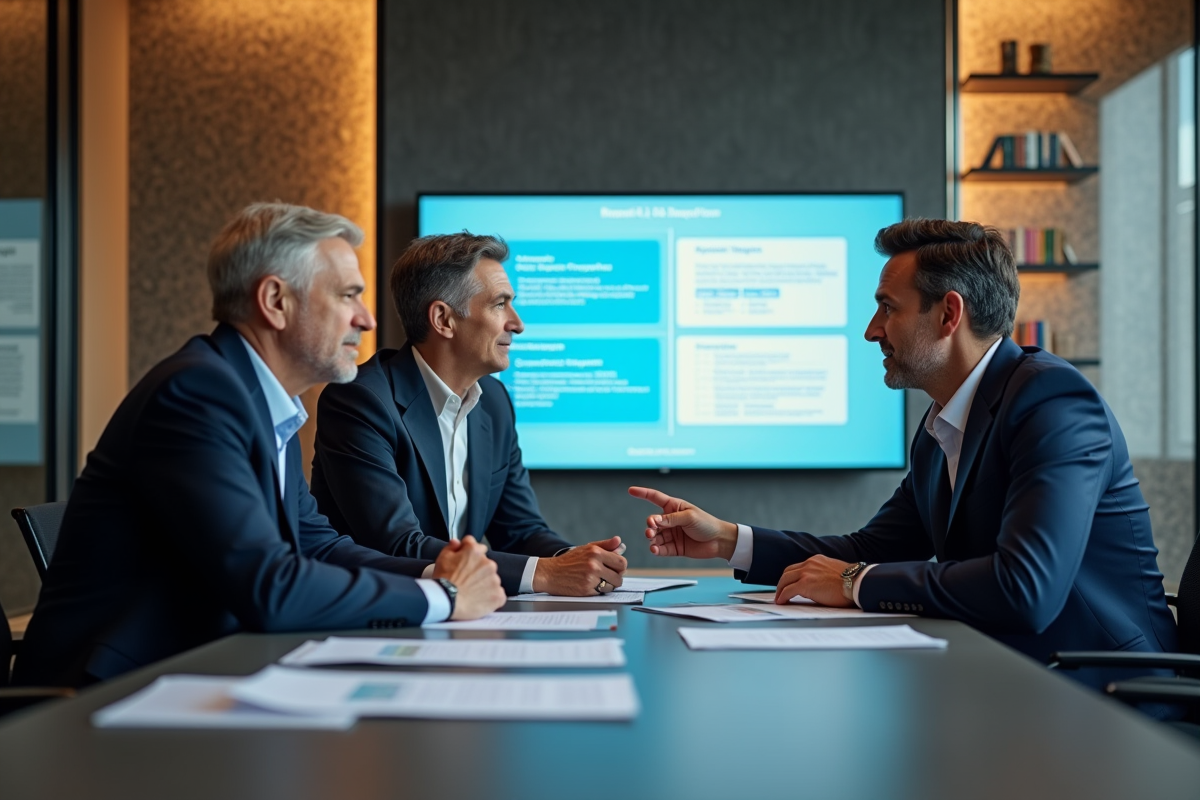 Groupe de trois professionnels discutant autour d un ecran BCG