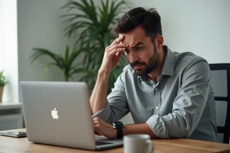Homme frustré devant un écran d'ordinateur affichant une erreur de connexion sur un portail de courtage en ligne