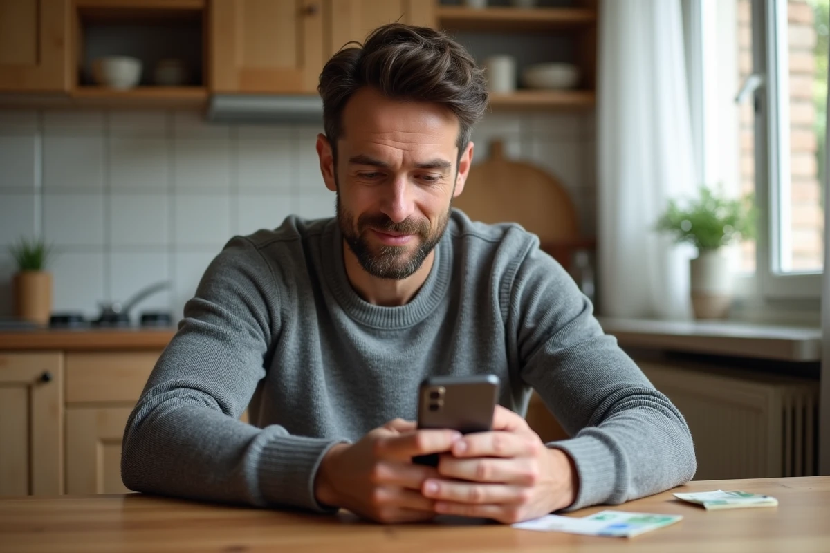Homme consultant une erreur de dépôt d'espèces sur l'application bancaire Nickel
