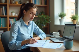 Jeune femme étudiante consultant ses fiches de paie et un contrat de travail à son bureau, illustrant le calcul du SMIC pour 25 heures par semaine