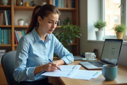 Jeune femme étudiante consultant ses fiches de paie et un contrat de travail à son bureau, illustrant le calcul du SMIC pour 25 heures par semaine