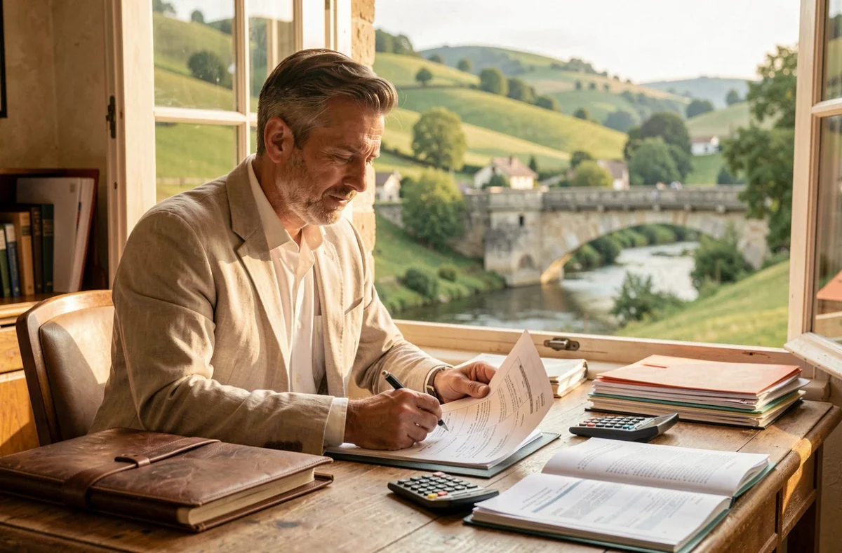 Expert-comptable d'Exco Vallée du Lot et du Ciron travaillant dans un bureau avec vue sur la campagne vallonnée