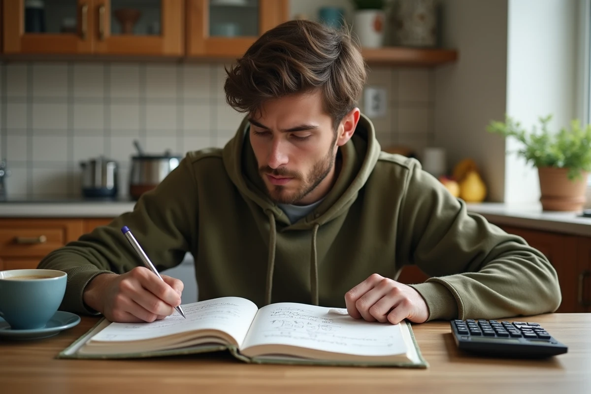 Étudiant résolvant des exercices corrigés sur le taux d'évolution dans un environnement de travail à domicile