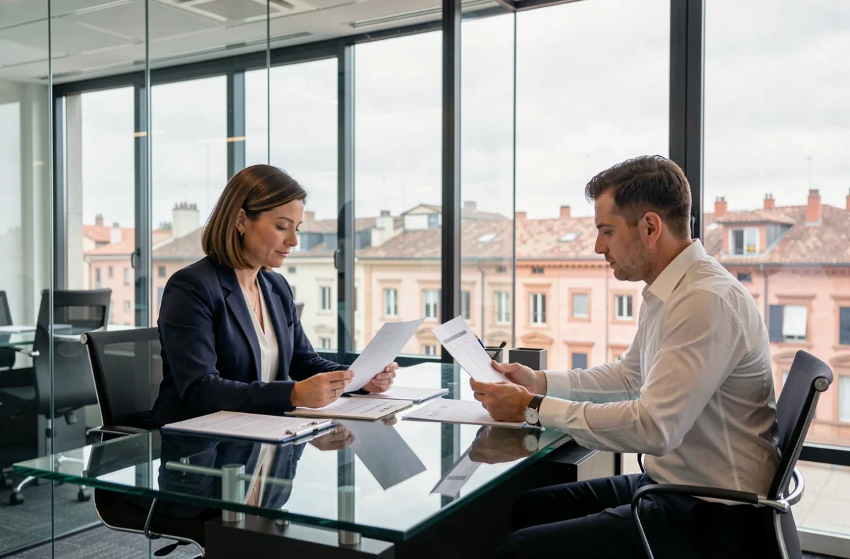 Deux experts-comptables d'EY Toulouse en réunion dans un bureau vitré avec vue sur la ville rose