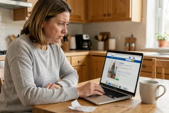 Femme recherchant sa facture Carrefour en ligne sur un ordinateur portable dans une cuisine moderne