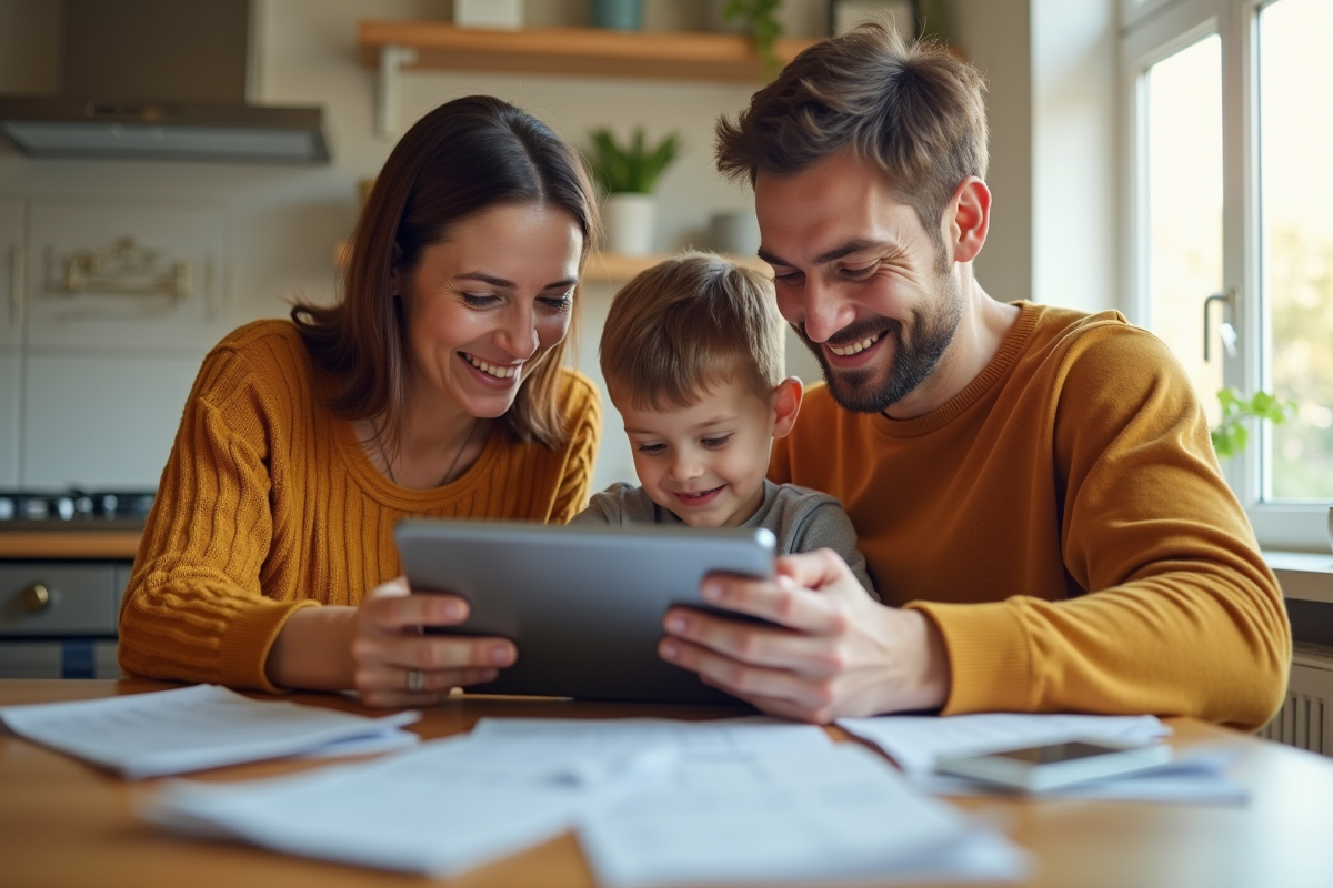 Famille souriante vérifiant ses dépenses mensuelles à la maison