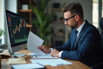 Homme d'affaires analysant les documents de dividende FDJ et les performances boursières dans un bureau moderne en 2026