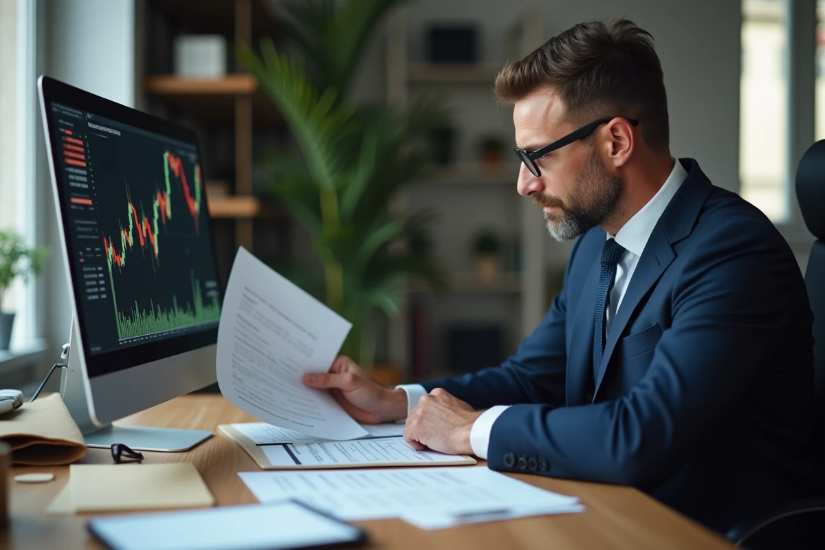 Homme d'affaires analysant les documents de dividende FDJ et les performances boursières dans un bureau moderne en 2026