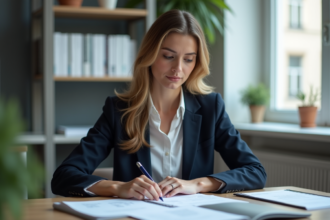 Femme d affaires en bureau examinant des documents