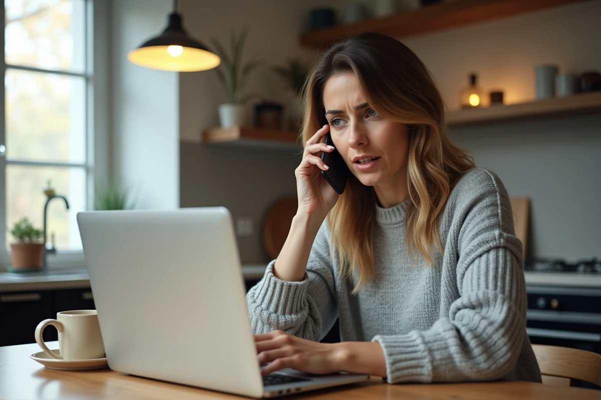 Femme en train d'appeler le service client PayPal depuis son domicile avec un smartphone