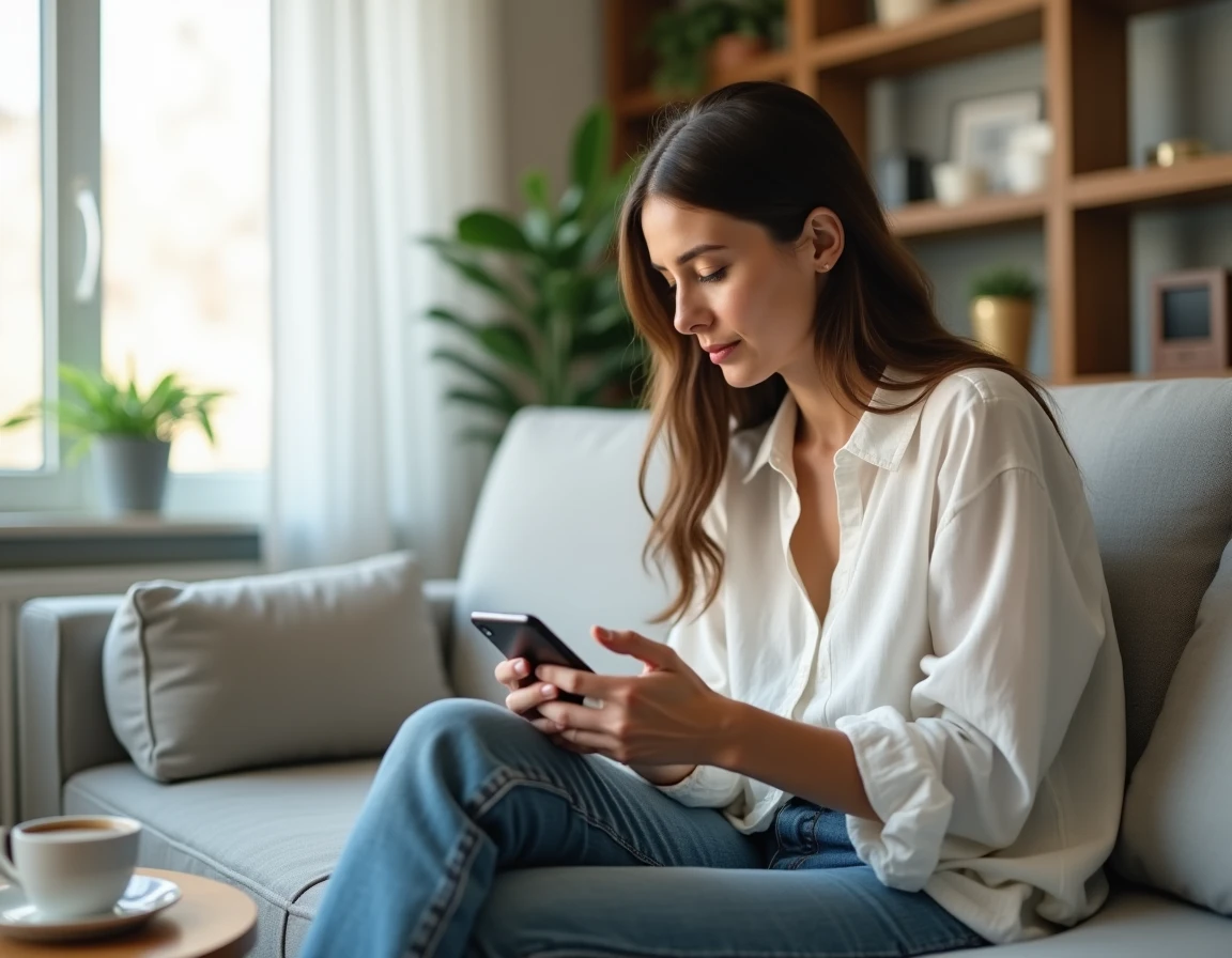 Femme utilisant une application bancaire sur smartphone pour demander un remboursement de prélèvement
