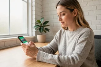 Femme utilisant une application de banque mobile sur smartphone dans un bureau à domicile moderne, illustrant les services des néobanques