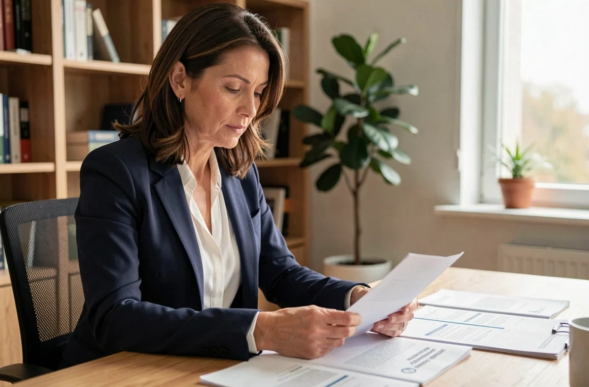 Femme consultant des documents d'assurance emprunteur à son bureau à domicile, représentant la comparaison d'offres comme Magnolia assurance