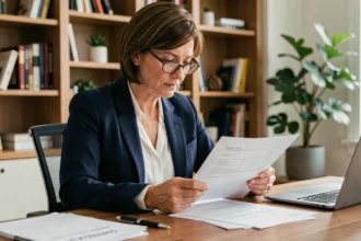 Femme consultant des documents d'assurance emprunteur pour un crédit immobilier à son bureau