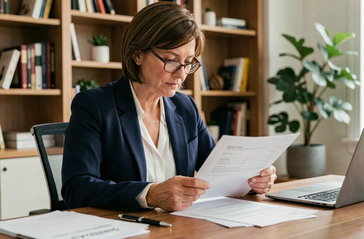 Femme consultant des documents d'assurance emprunteur pour un crédit immobilier à son bureau