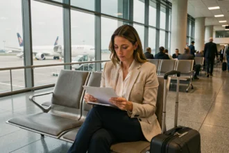 Femme consultant des documents d'assurance voyage dans un terminal d'aéroport international