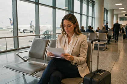 Femme consultant des documents d'assurance voyage dans un terminal d'aéroport international