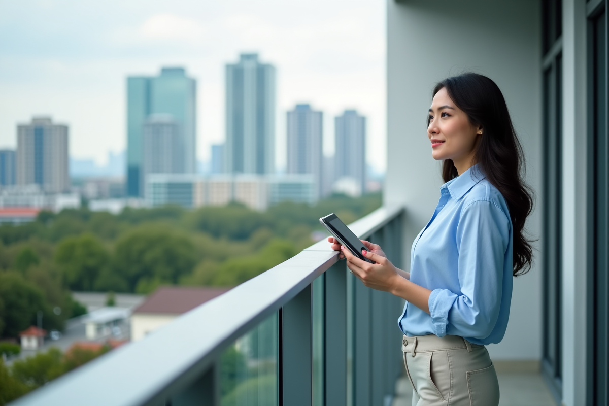 Femme sur un balcon urbain consulte une tablette
