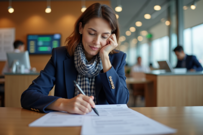Femme d'âge moyen dans une banque examine un relevé bancaire