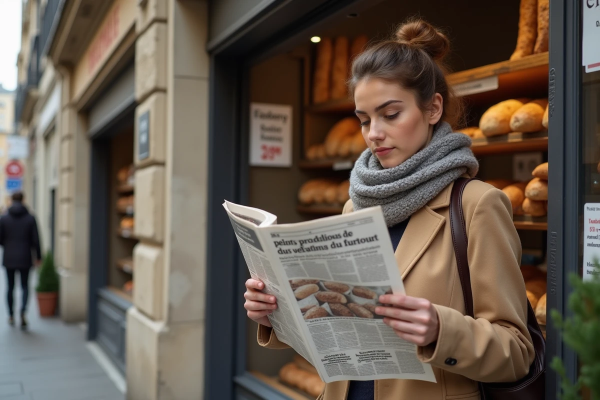 Jeune femme lisant un journal devant une boulangerie
