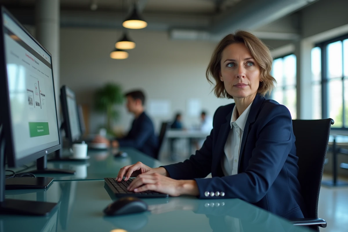 Femme en bureau professionnel face à un écran bloqué sur un site de courtage avec message d'erreur d'accès