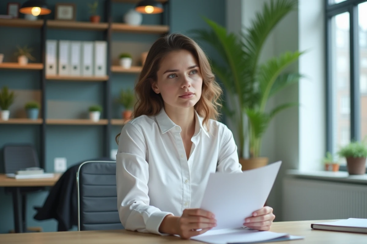 Jeune femme en bureau allemand examine un contrat