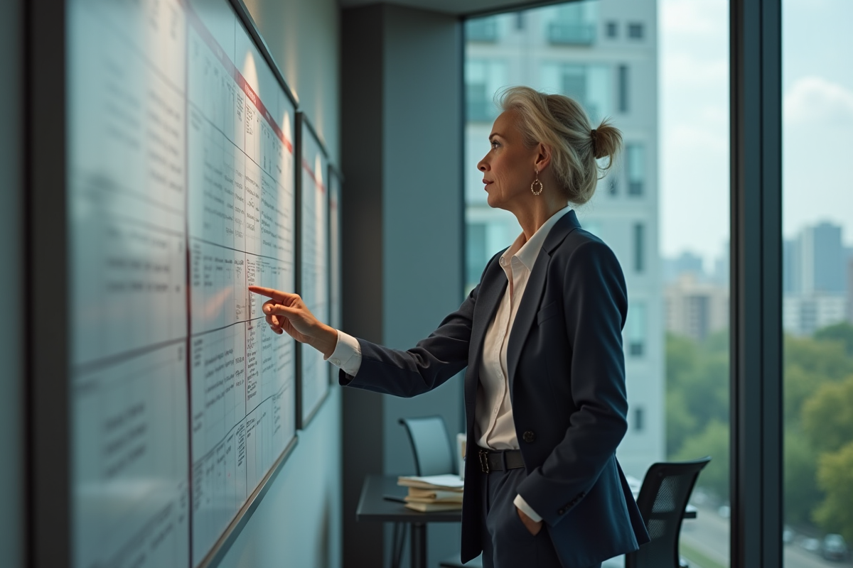 Femme professionnelle regardant un calendrier dans un bureau urbain